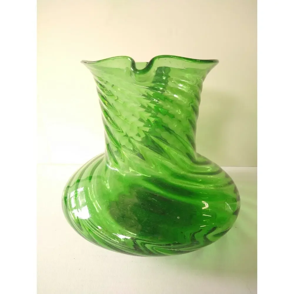 Vintage Hand Blown Large Green Glass Pitcher Ribbed 8.5